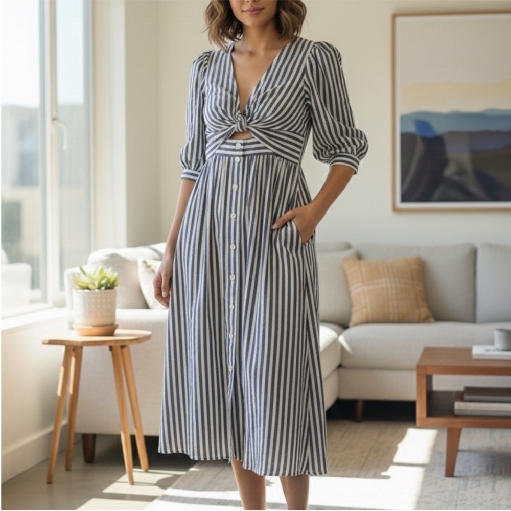 Madewell Shimmer Striped Tie-Front Bow Midi Dress Style H6748 New Size 14